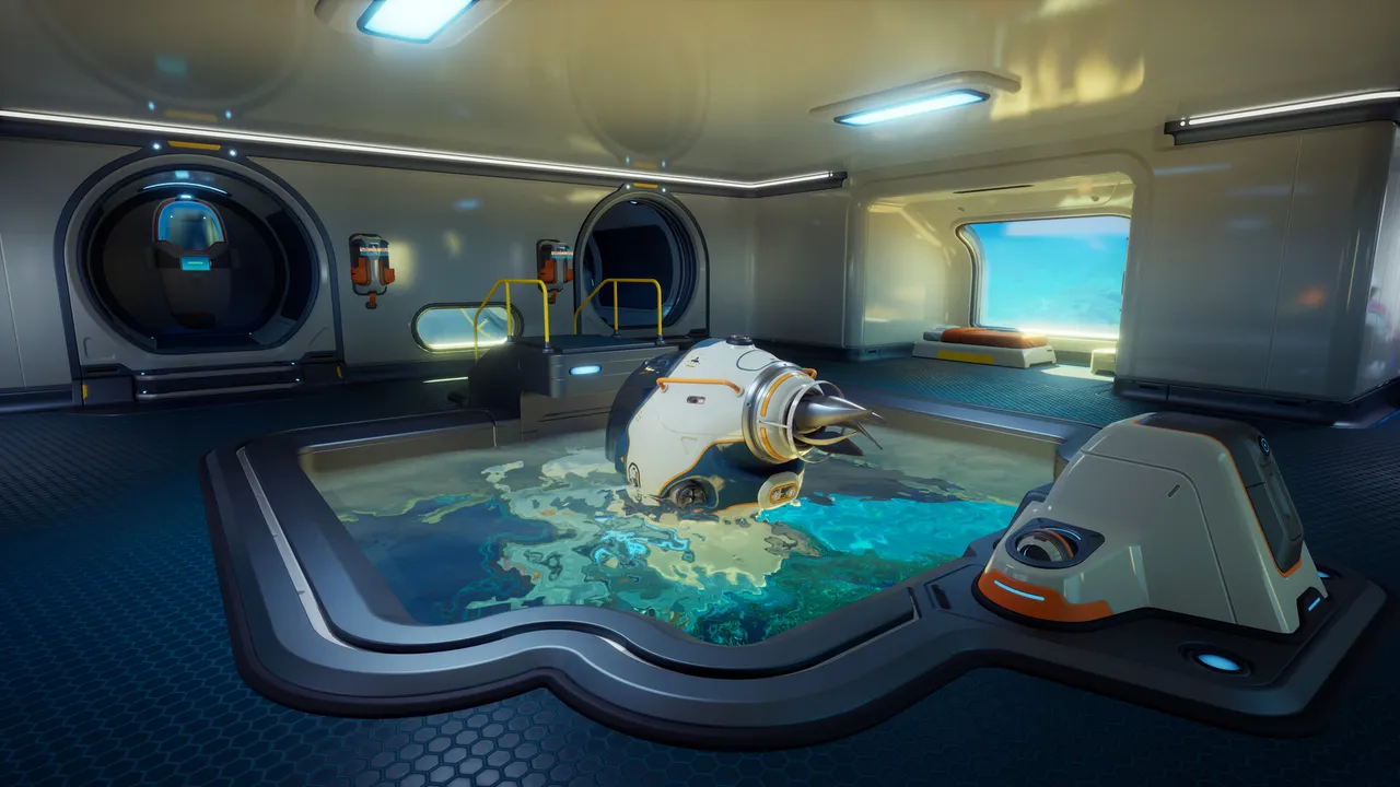 Subnautica 2 Crack — underwater base moonpool with docked submarine